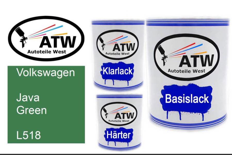 Volkswagen, Java Green, L518: 1L Lackdose + 1L Klarlack + 500ml Härter - Set, von ATW Autoteile West.